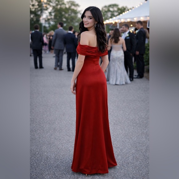 Red Off Shoulder Prom Gown Formal Evening Dress High Slit Elegant Glam Size Lg - Picture 2 of 10